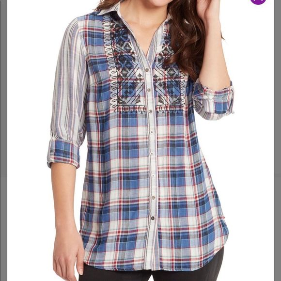 Vintage America Nadia Plaid Button Down Top in Blue Quart Yardley Plaid Small - Picture 1 of 10